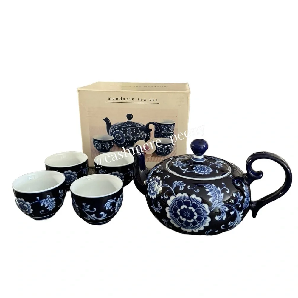 NIB Pier 1‎ Vintage Mandarin Porcelain Cobalt Blue Tea Set-Teapot and 4 Cups